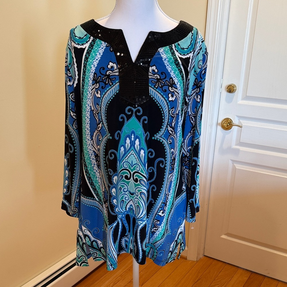 JM Collection Blue & Teal Paisley Sequins V-Neck Tunic